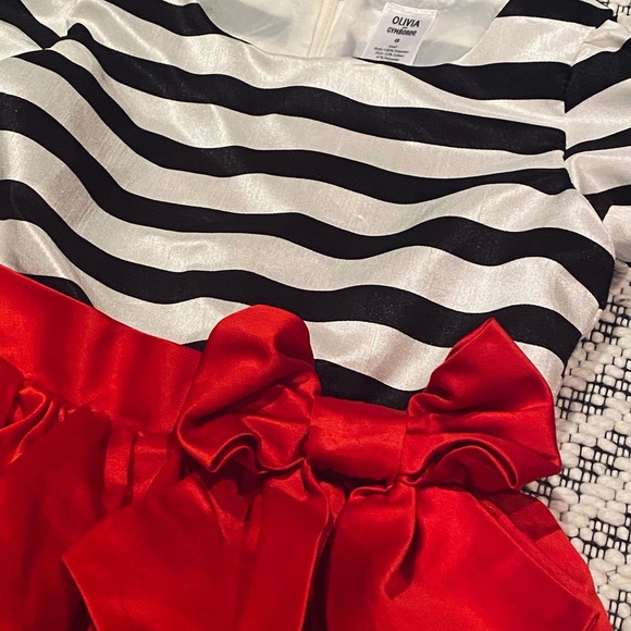 Christmas Holiday Short Sleeve Satin Black White Striped Olivia Dress w Red Bow - Picture 3 of 8